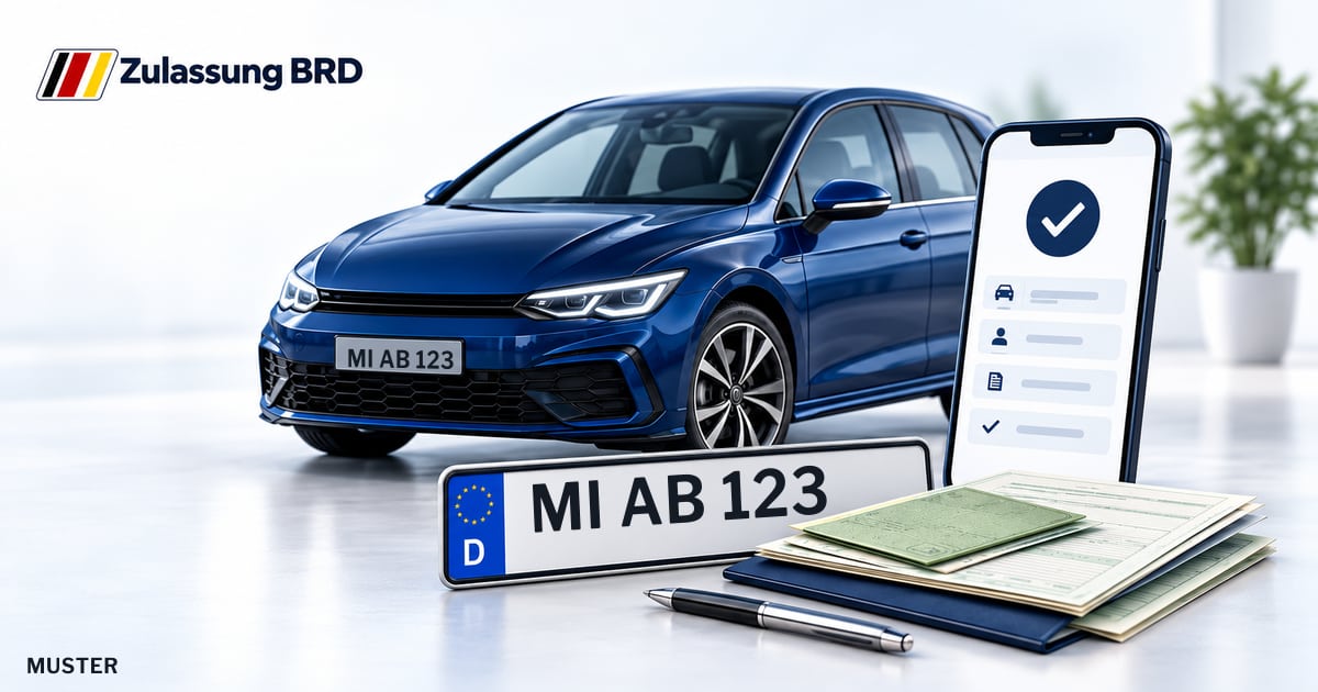 Online Fahrzeugzulassung in Stemwede: Musterkennzeichen MI AB 123, Auto und Fahrzeugpapiere und Smartphone. Illustration mit Logo von Zulassung BRD.
